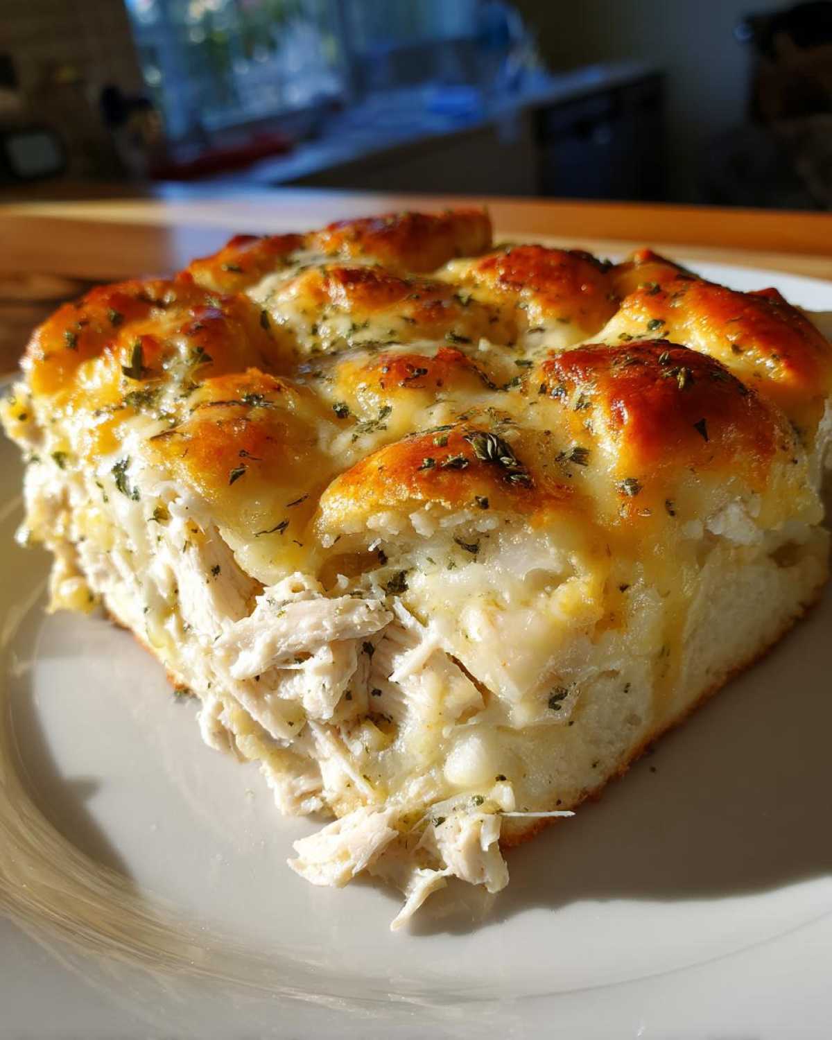 A close-up slice of baked Casserole Crescent Rolls filled with shredded chicken and topped with melted cheese and herbs.