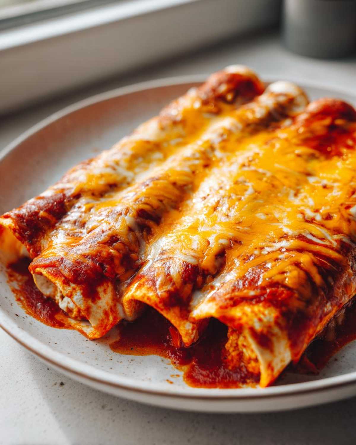 Three rolled enchiladas smothered in red sauce and melted orange cheddar cheese, ready for an Enchiladas Dinner.