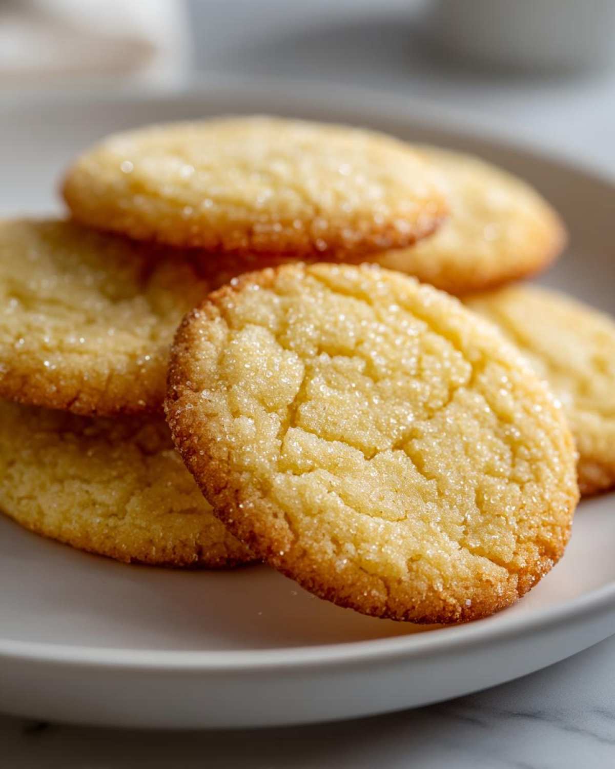 Close-up of several chewy Classic Vanilla Sugar Cookies rolled in sparkling sugar on a white plate.