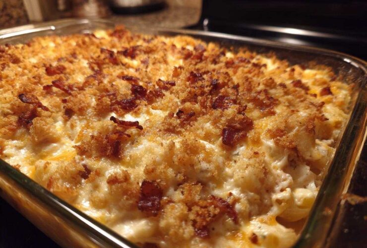 Close-up of a baked Chicken Bacon Ranch Casserole with a crispy, golden breadcrumb and bacon topping.