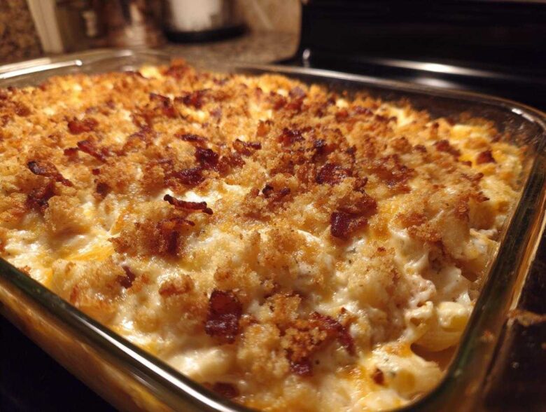 Close-up of a baked Chicken Bacon Ranch Casserole with a crispy, golden breadcrumb and bacon topping.