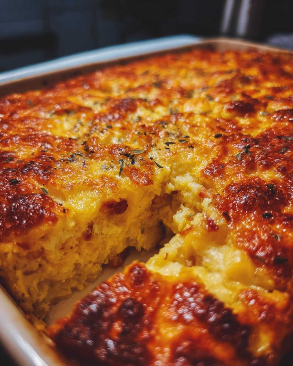Close-up of a golden-brown Chicken Bacon Ranch Casserole with a serving removed, showing the creamy interior.