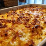 Close-up of a bubbling Chicken Bacon Ranch Casserole with a golden, cheesy crust and crispy bacon bits.