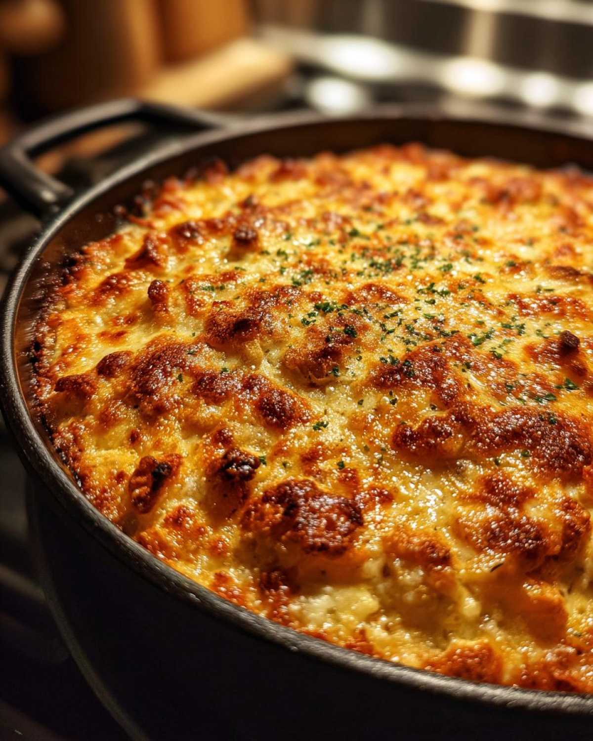 Close-up of a bubbling, golden-brown Chicken Bacon Ranch Casserole topped with melted cheese and parsley.