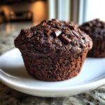 Close-up of a moist, dark Chocolate Banana Muffins topped with chocolate chunks on a white plate.