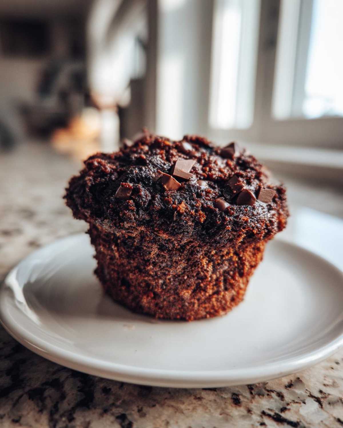 A single, dark Chocolate Banana Muffins topped with chocolate chunks, resting on a white plate.