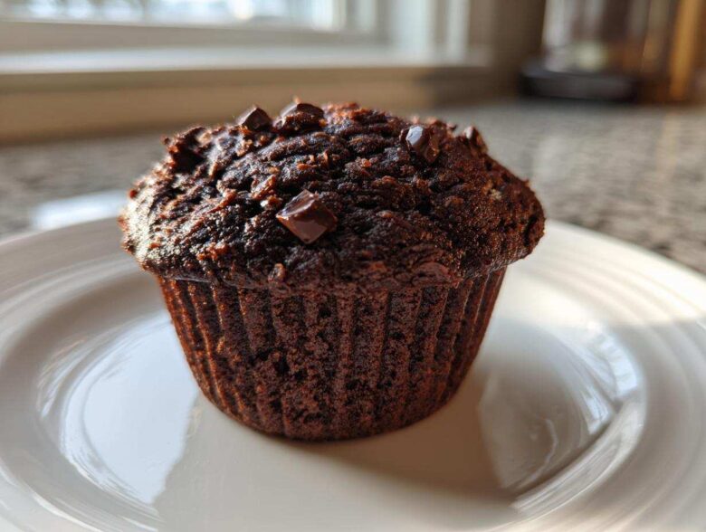 A single, dark Chocolate Banana Muffin topped with melted chocolate chips sitting on a white plate.