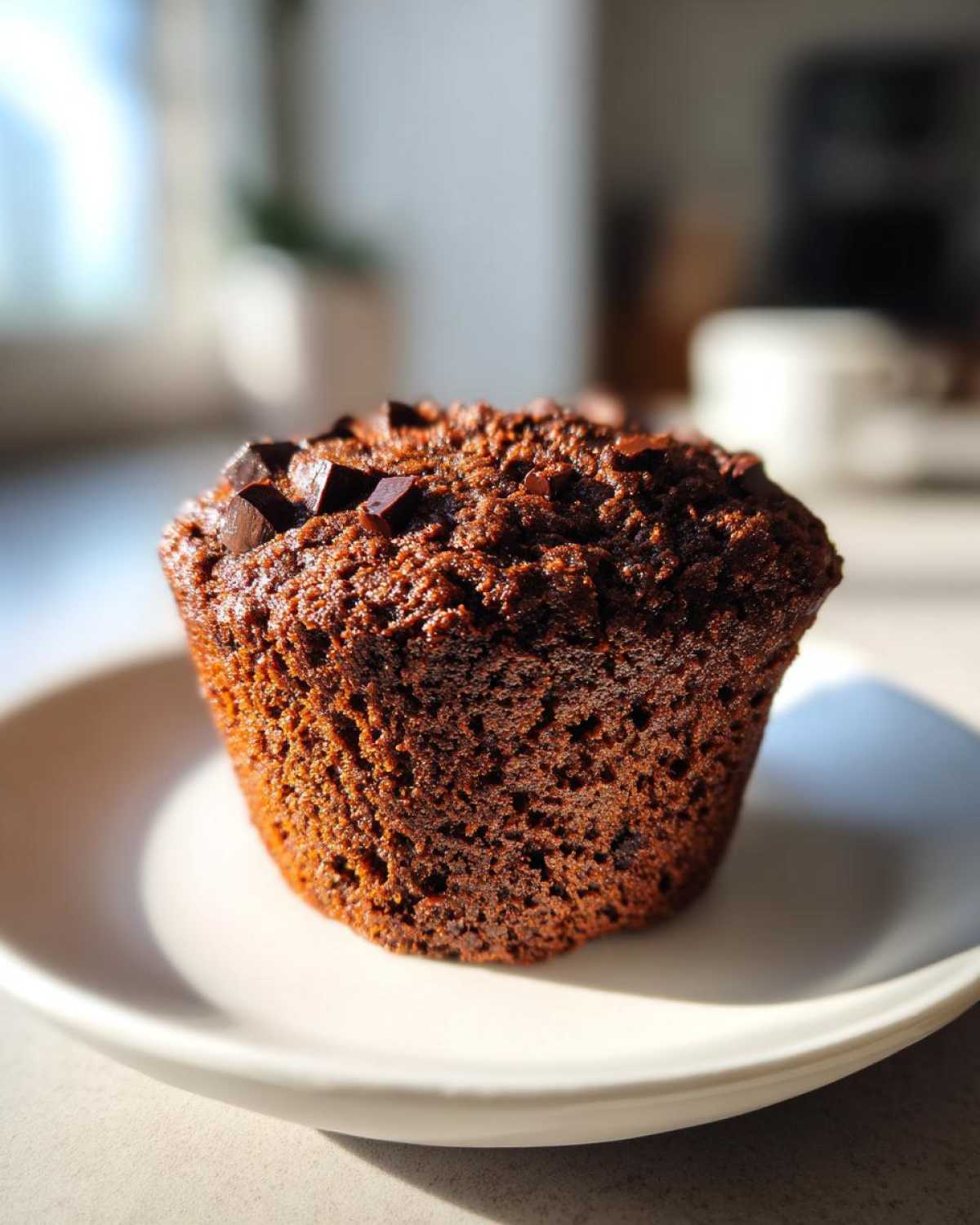A single, dark Chocolate Banana Muffin topped with chocolate chunks, resting on a white plate in bright sunlight.