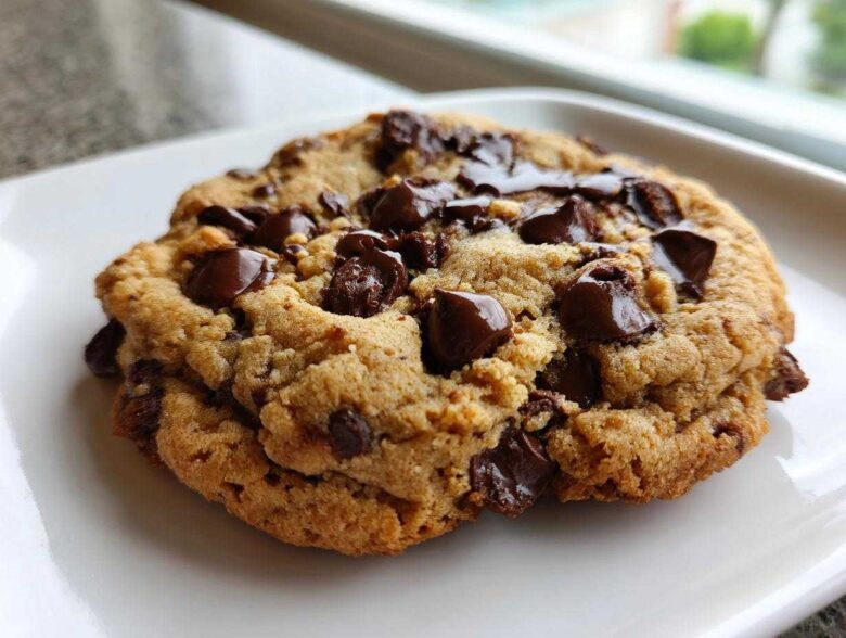 Close-up of a gooey, freshly baked Chocolate Chip Cookie For One with melted chocolate chunks on a white plate.