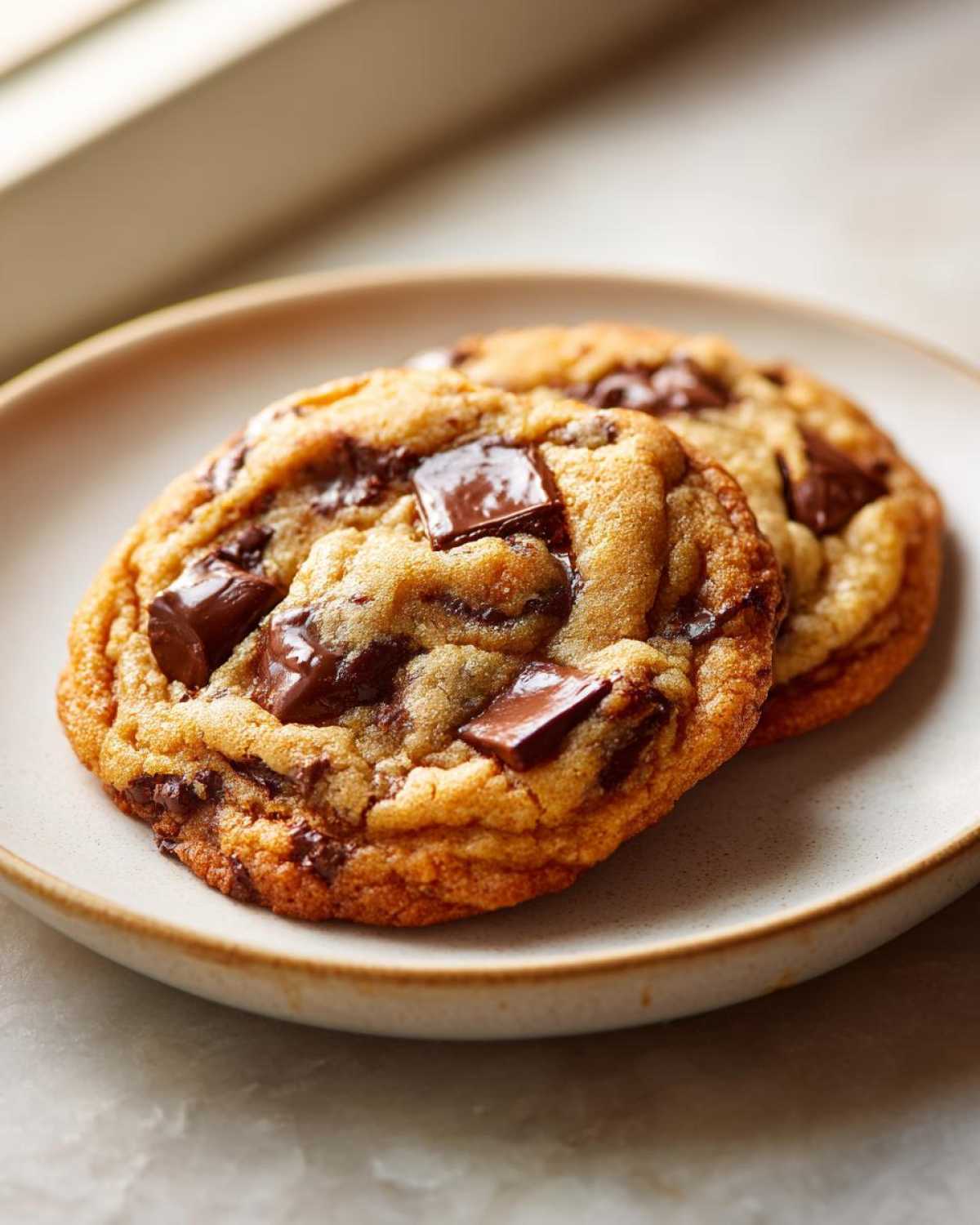 Two gooey, golden brown Chocolate Chip Cookie For One cookies with melted chunks on a light ceramic plate.