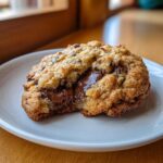 A warm, gooey Chocolate Chip Cookie For One with a bite taken out, revealing melted chocolate.