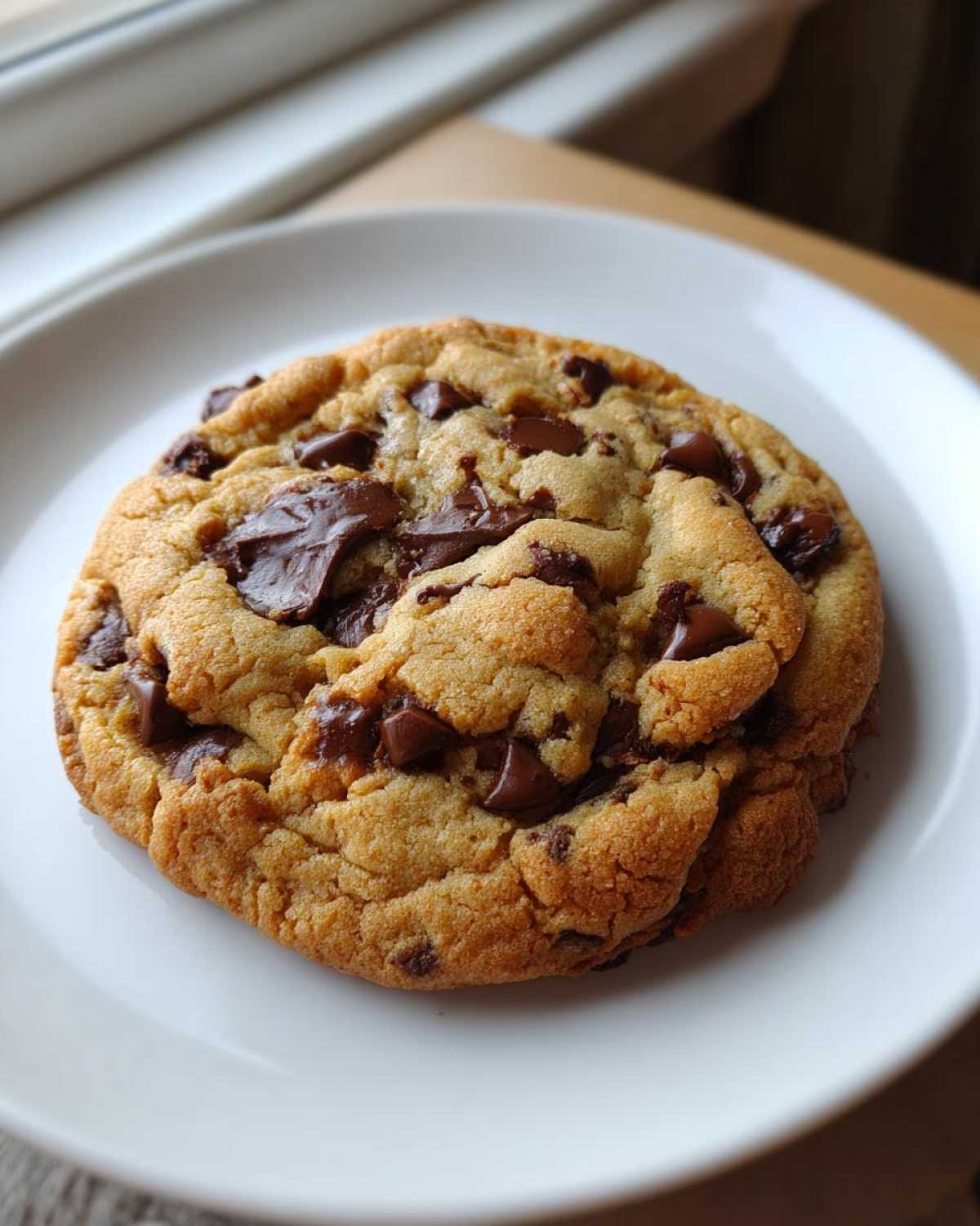 A single, perfectly baked Chocolate Chip Cookie For One with melted chocolate chunks on a white plate.
