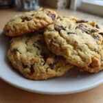 Three freshly baked Chocolate Chip Cookies with Pudding Mix stacked slightly on a small white plate.