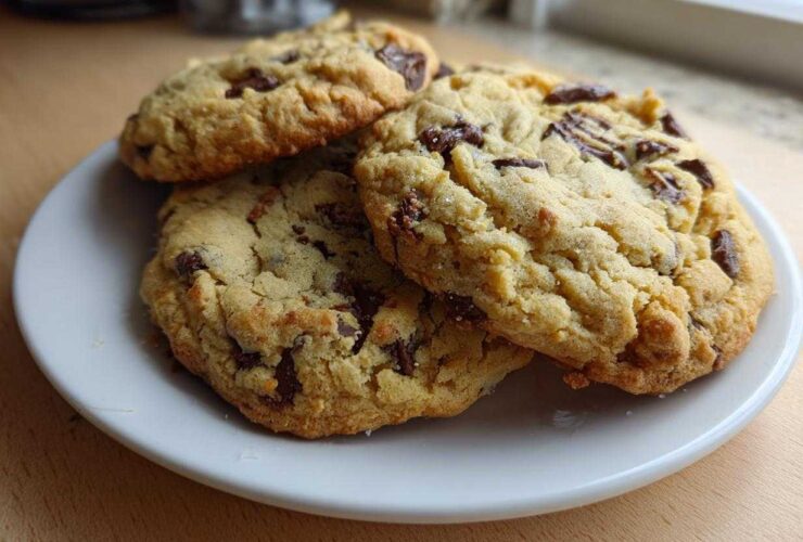 Three freshly baked Chocolate Chip Cookies with Pudding Mix stacked slightly on a small white plate.