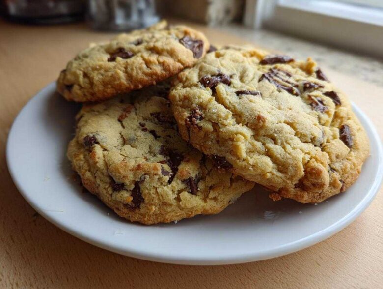 Three freshly baked Chocolate Chip Cookies with Pudding Mix stacked slightly on a small white plate.