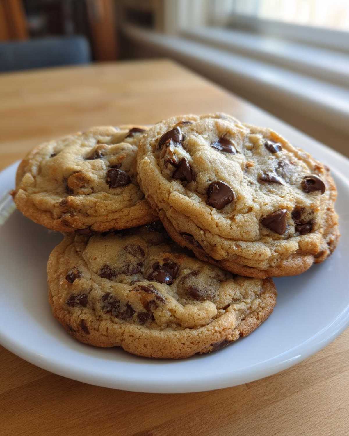 Three freshly baked Chocolate Chip Cookies with Pudding Mix stacked on a white plate near a sunny window.