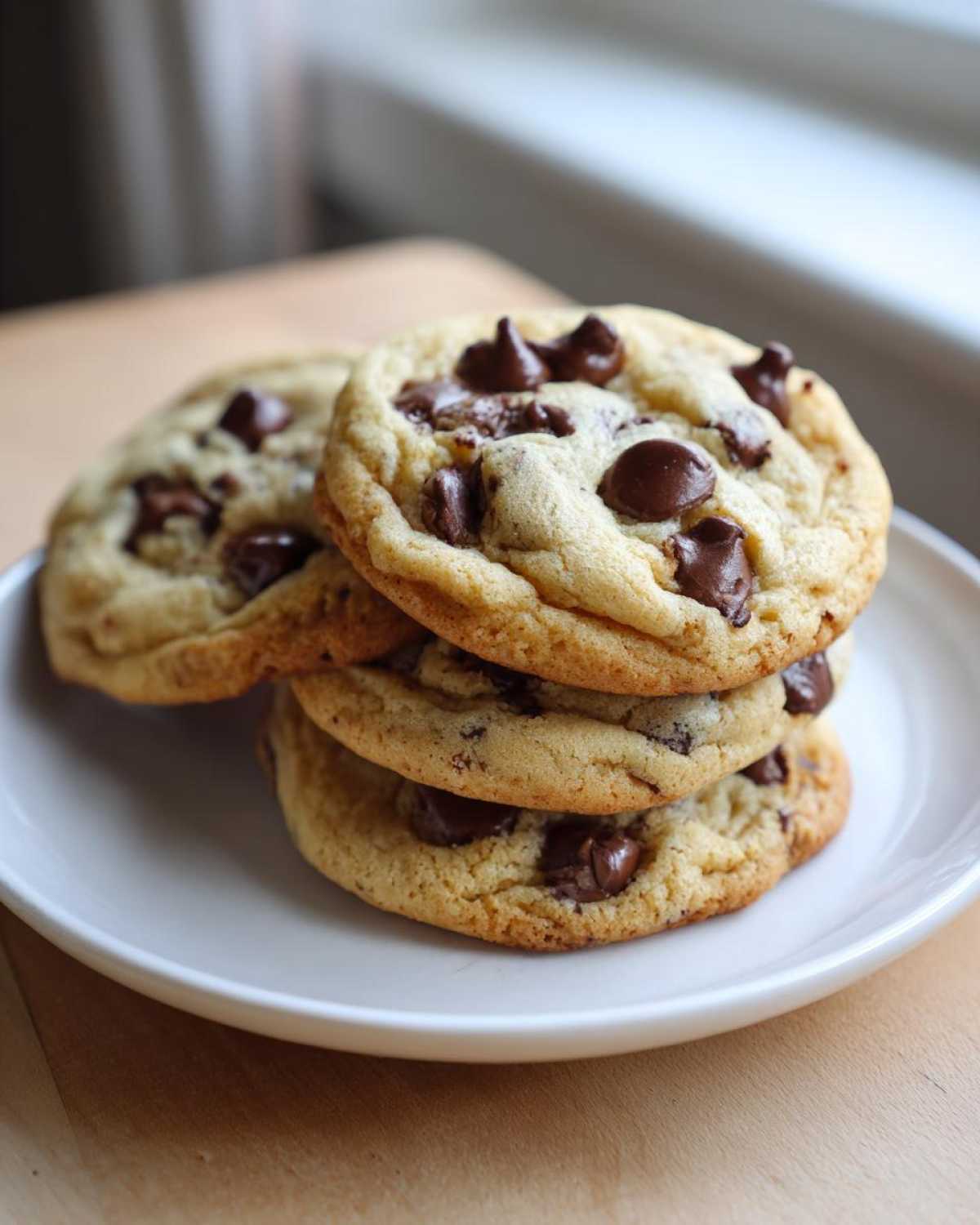 A stack of three soft, golden Chocolate Chip Cookies with Pudding Mix piled on a small white plate.