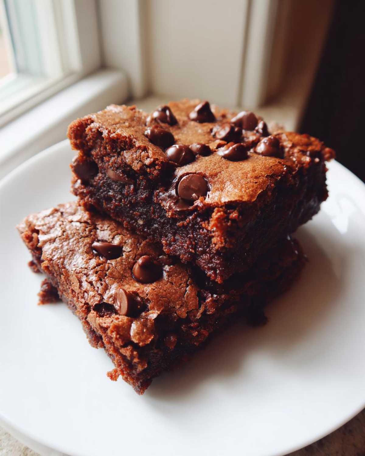 Two rich, fudgy chocolate chip Ooey Gooey Bars stacked on a white plate near a window.