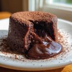 A single serving of Chocolate Lava Cake with the center cut open, showing rich, molten chocolate oozing out, dusted with cocoa powder.