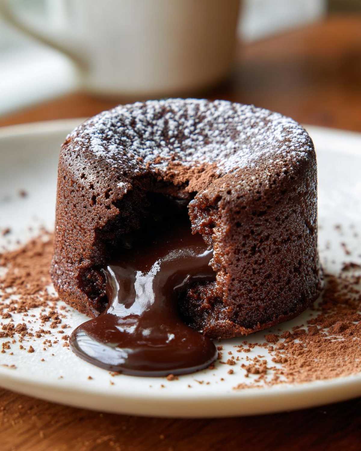 Close-up of a warm Chocolate Lava Cake with molten chocolate oozing out, dusted with powdered sugar.