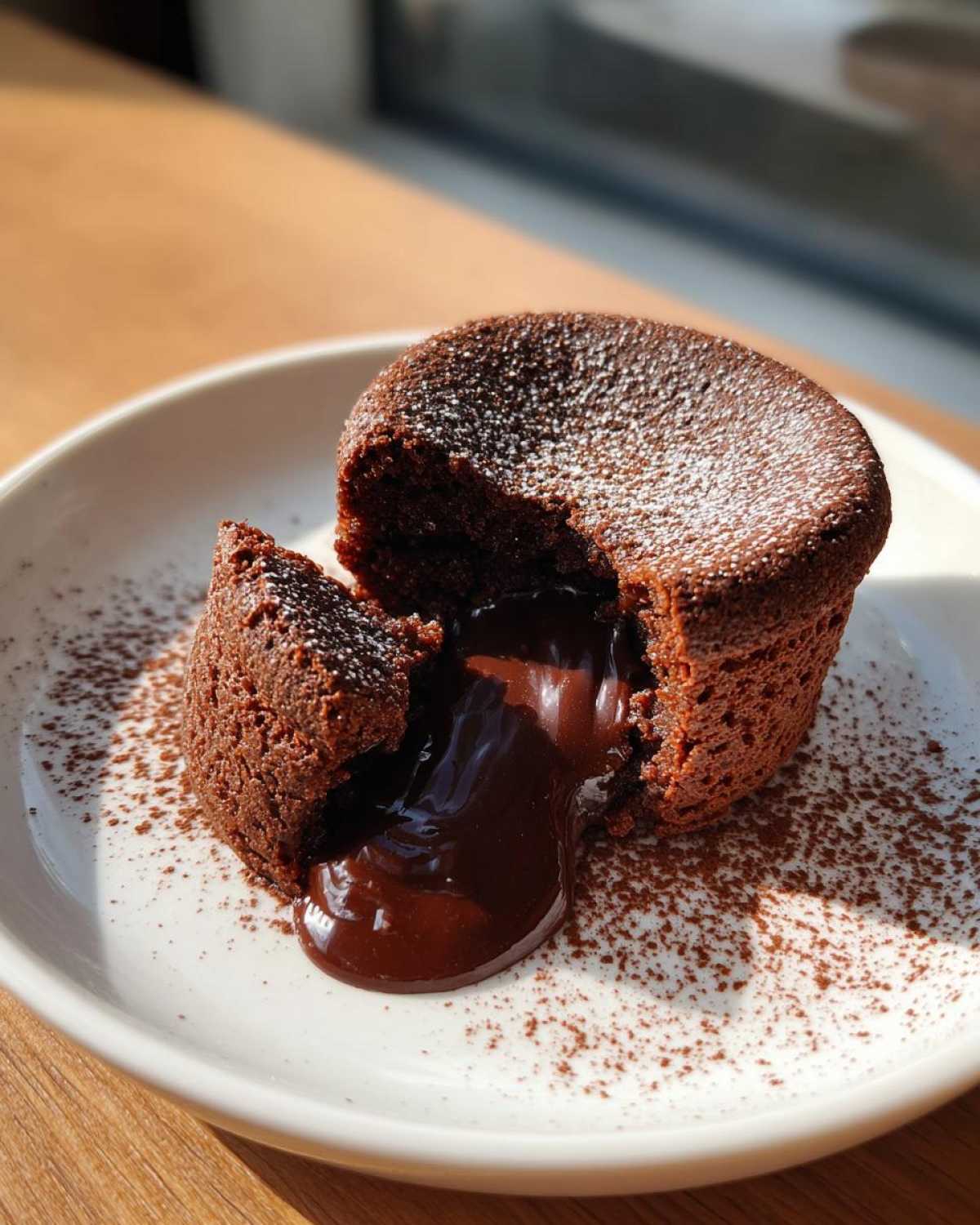 A freshly baked Chocolate Lava Cake cut open to show the rich, molten chocolate flowing out onto a white plate.
