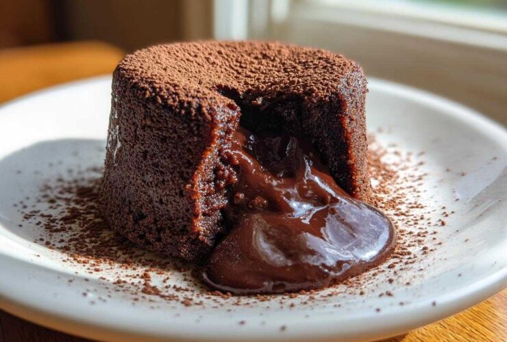 A single serving of Chocolate Lava Cake with the center cut open, showing rich, molten chocolate oozing out, dusted with cocoa powder.