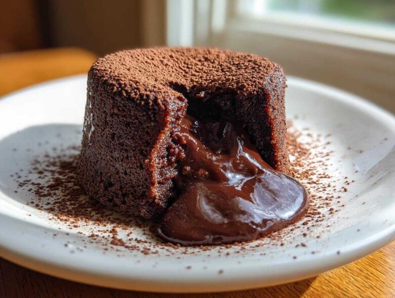 A single serving of Chocolate Lava Cake with the center cut open, showing rich, molten chocolate oozing out, dusted with cocoa powder.