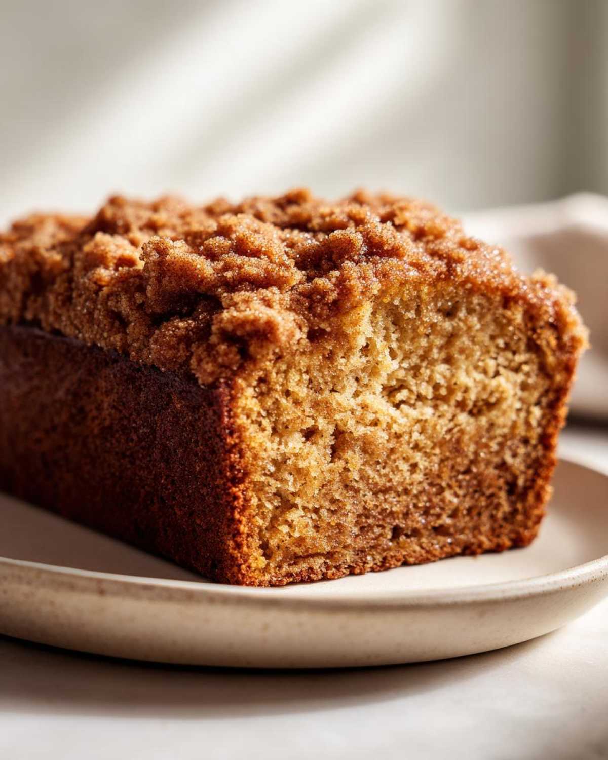A close-up shot of a freshly baked Cinnamon Crumb Banana Bread loaf with a thick, sugary crumb topping on a neutral plate.