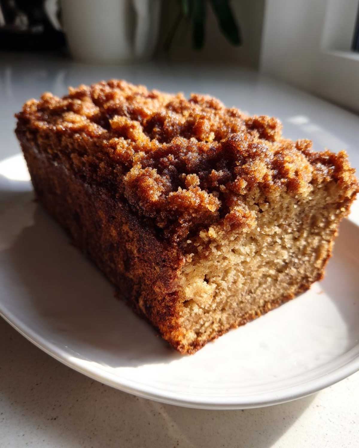 A freshly baked loaf of Cinnamon Crumb Banana Bread with a thick, sugary crumb topping, resting on a white plate.