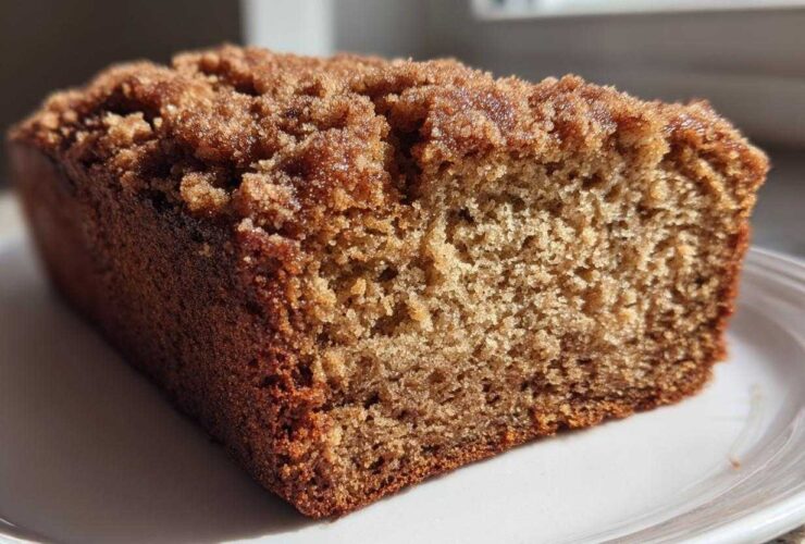 Close-up of a moist slice of Cinnamon Crumb Banana Bread showing the dense crumb and thick, sugary cinnamon topping.