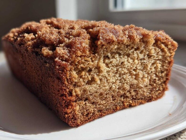 Close-up of a moist slice of Cinnamon Crumb Banana Bread showing the dense crumb and thick, sugary cinnamon topping.