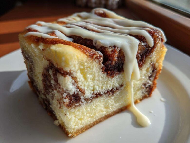 A close-up of a rich slice of cinnamon roll cheesecake dessert drizzled with white icing.