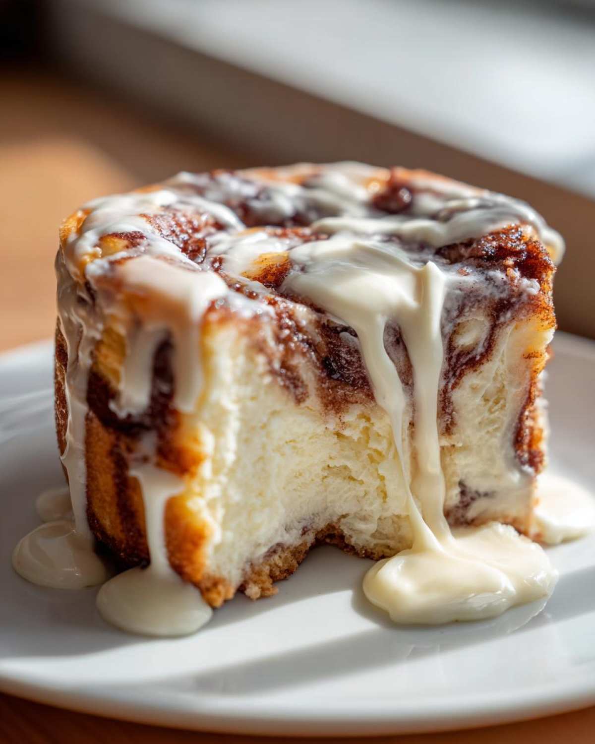 Close-up of one of the best cinnamon roll cheesecake desserts, dripping with thick white icing on a white plate.