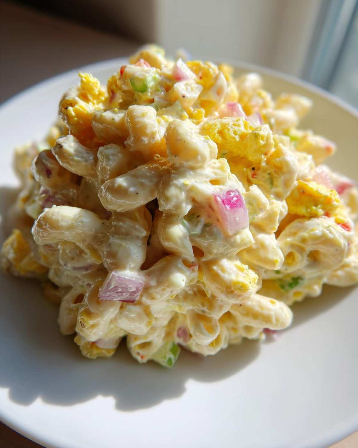 Close-up of a scoop of Classic Macaroni Salad Creamy Summer Side, featuring elbow macaroni coated in dressing with visible chunks of hard-boiled egg and red onion.
