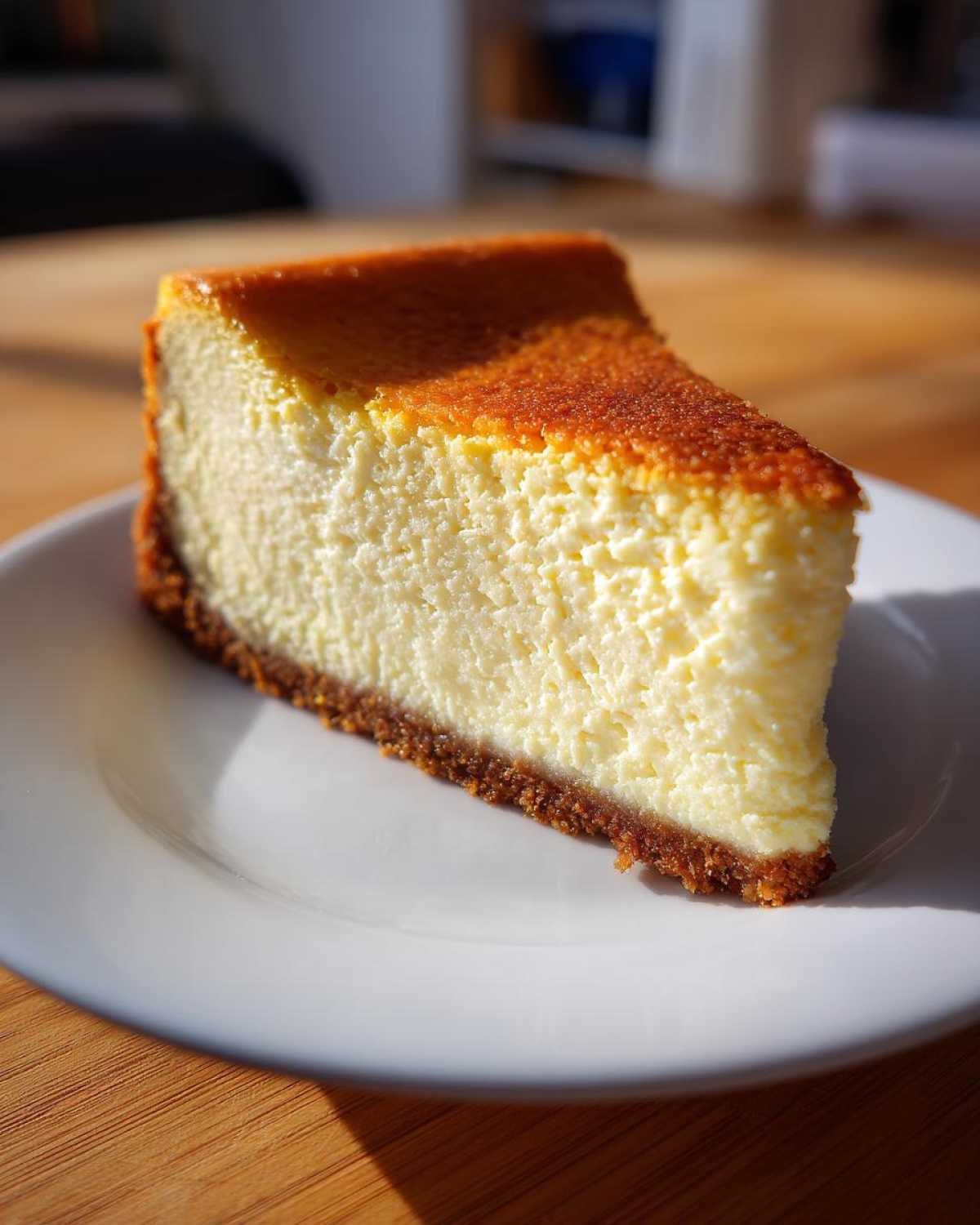 A perfect slice of Classic New York Cheesecake featuring a dense, creamy filling and a thick graham cracker crust.