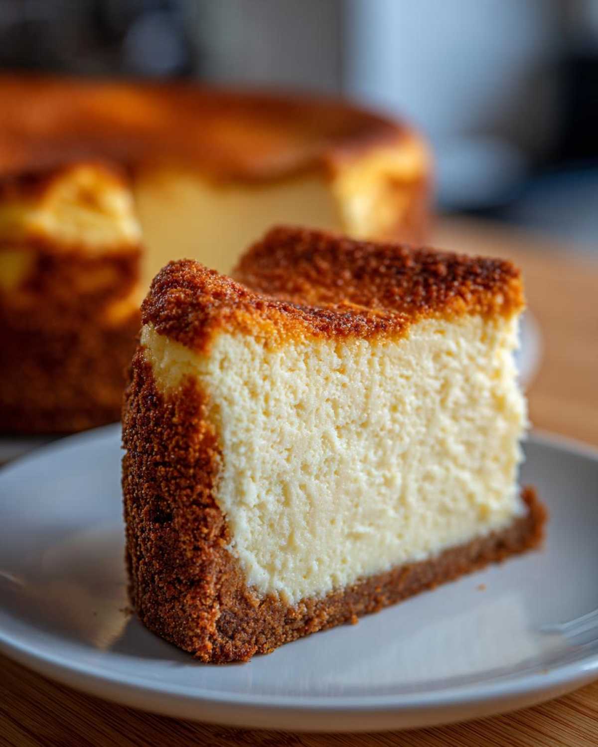 A thick slice of Classic New York Cheesecake featuring a creamy filling and a thick, textured graham cracker crust.