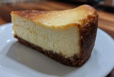 A perfect slice of Classic New York Cheesecake showing a creamy interior and dark graham cracker crust.
