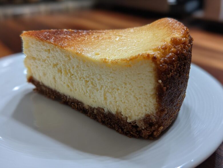 A perfect slice of Classic New York Cheesecake showing a creamy interior and dark graham cracker crust.