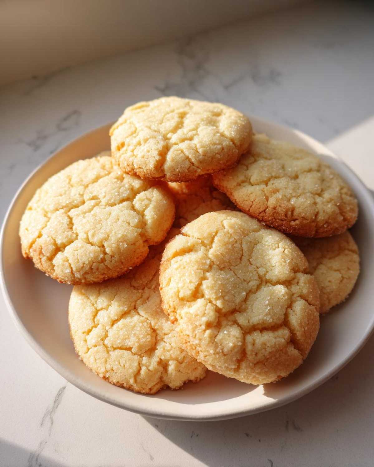 A stack of freshly baked, chewy Classic Vanilla Sugar Cookies, coated in granulated sugar, resting on a light plate.