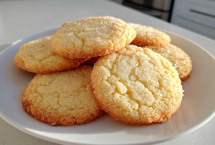 A stack of freshly baked Classic Vanilla Sugar Cookies, coated generously with sparkling granulated sugar, resting on a white plate.
