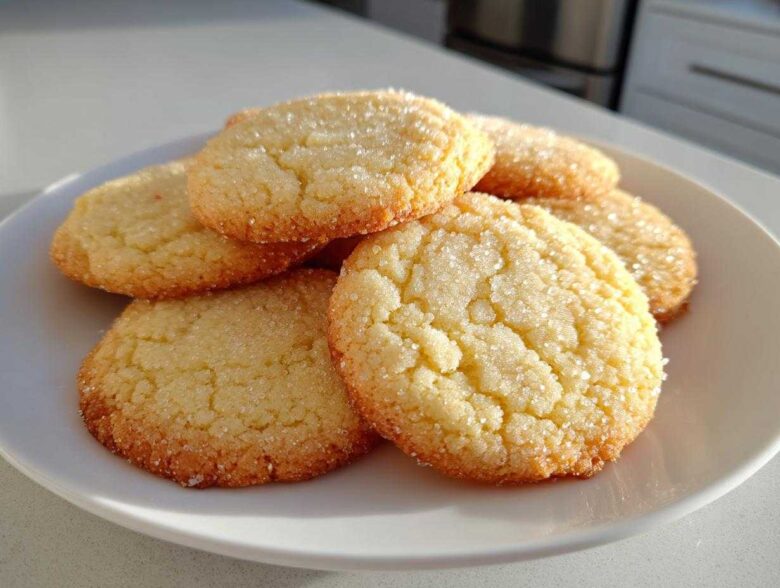 A stack of freshly baked Classic Vanilla Sugar Cookies, coated generously with sparkling granulated sugar, resting on a white plate.