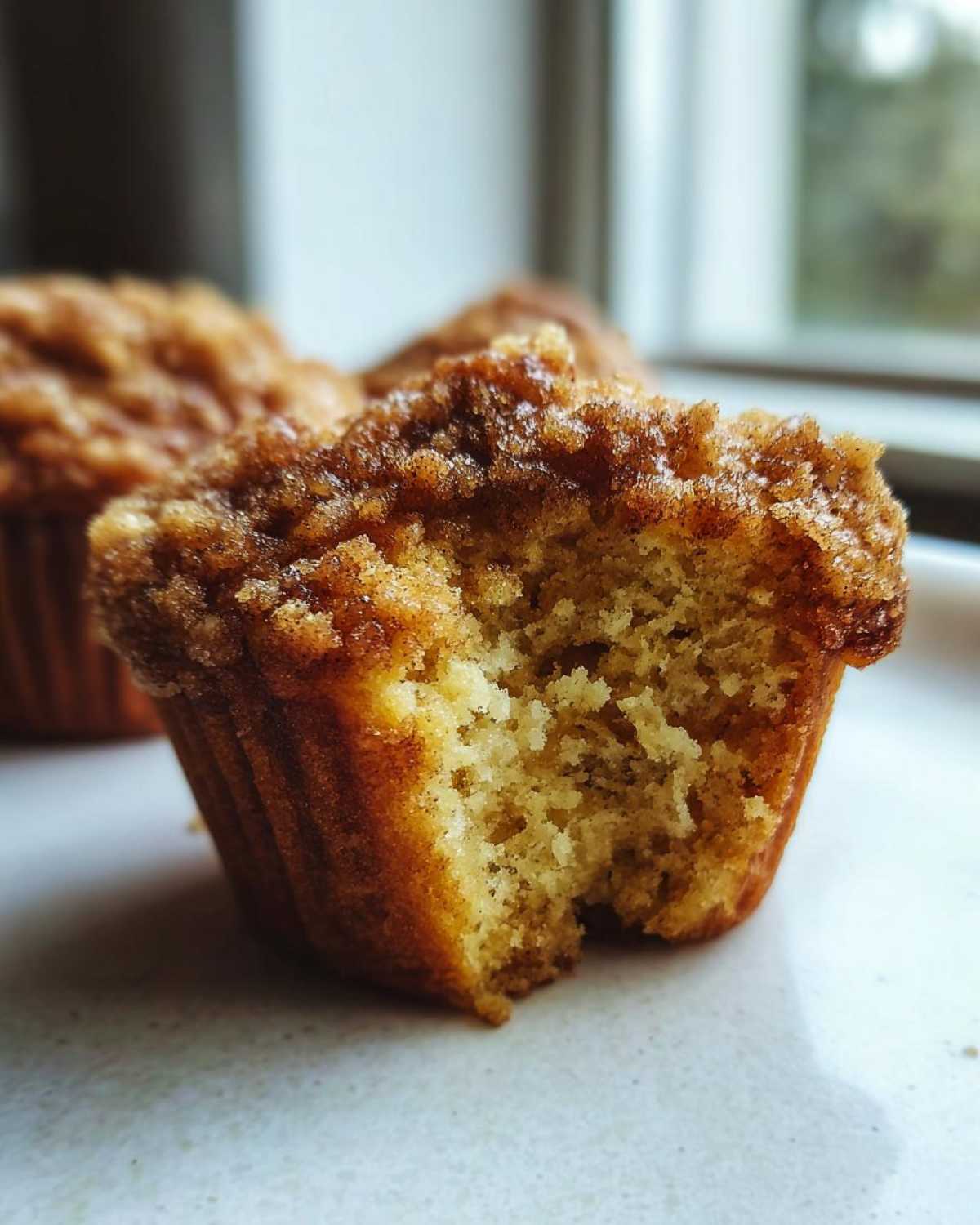 Close-up of a Coffee Cake Muffins with Crumble Magic with a bite taken out, showing the moist interior and crumb topping.