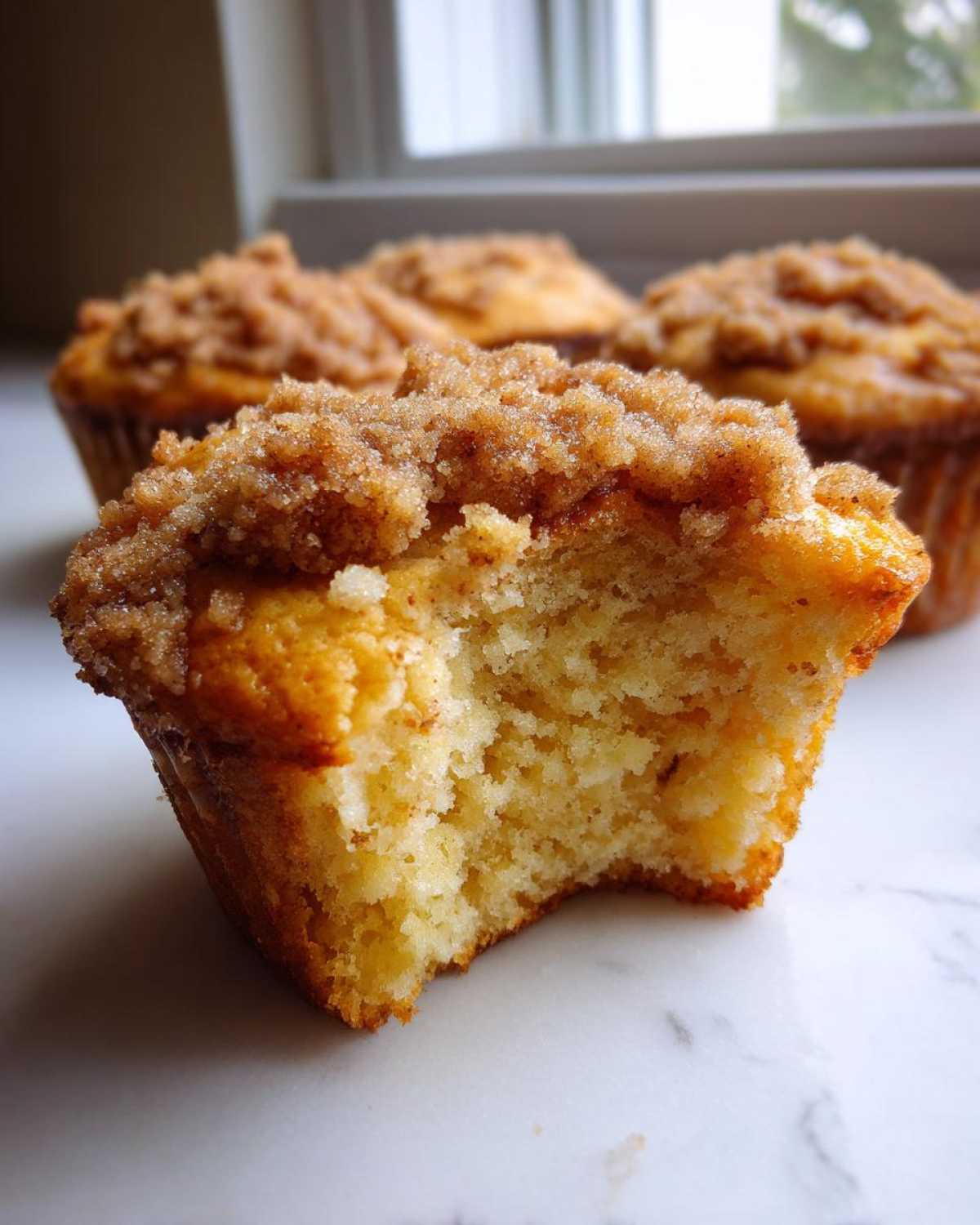 Close-up of a Coffee Cake Muffins with Crumble Magic, showing the moist interior and thick cinnamon streusel topping.