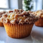 A close-up of a freshly baked Coffee Cake Muffins with Crumble Magic, showing the textured cinnamon streusel topping.