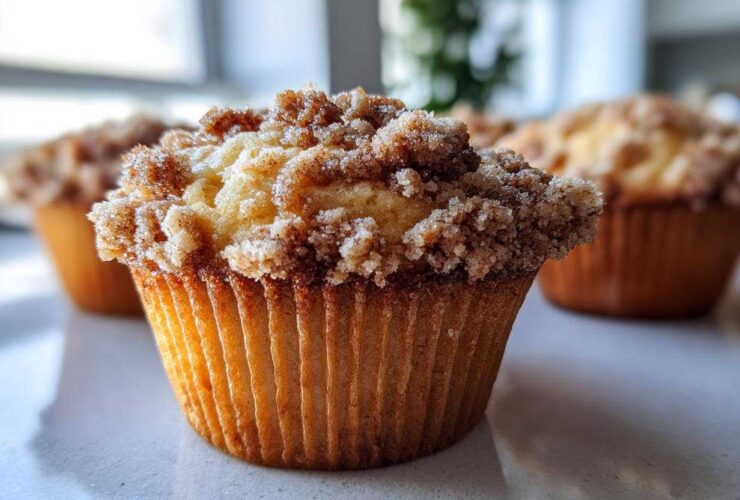 A close-up of a freshly baked Coffee Cake Muffins with Crumble Magic, showing the textured cinnamon streusel topping.