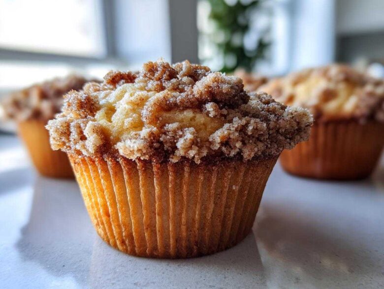 A close-up of a freshly baked Coffee Cake Muffins with Crumble Magic, showing the textured cinnamon streusel topping.