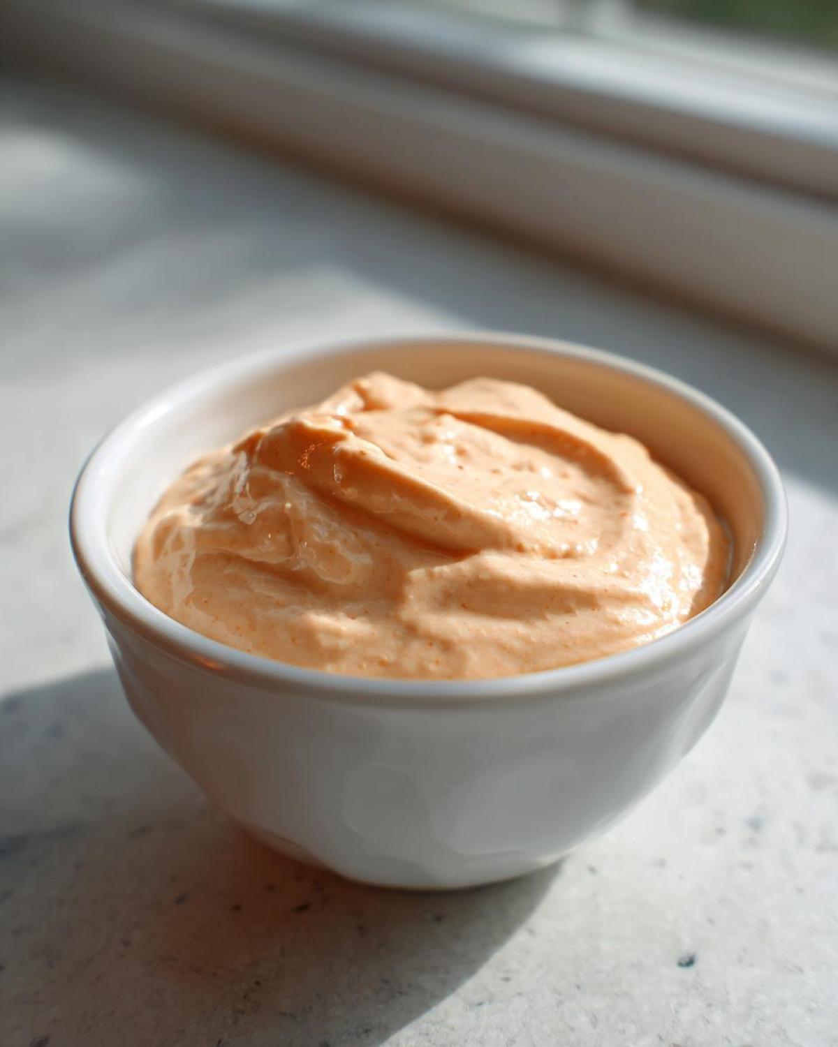 A small white bowl filled with thick, creamy Copycat Classic Burger Spread Sauce, sitting on a light countertop.