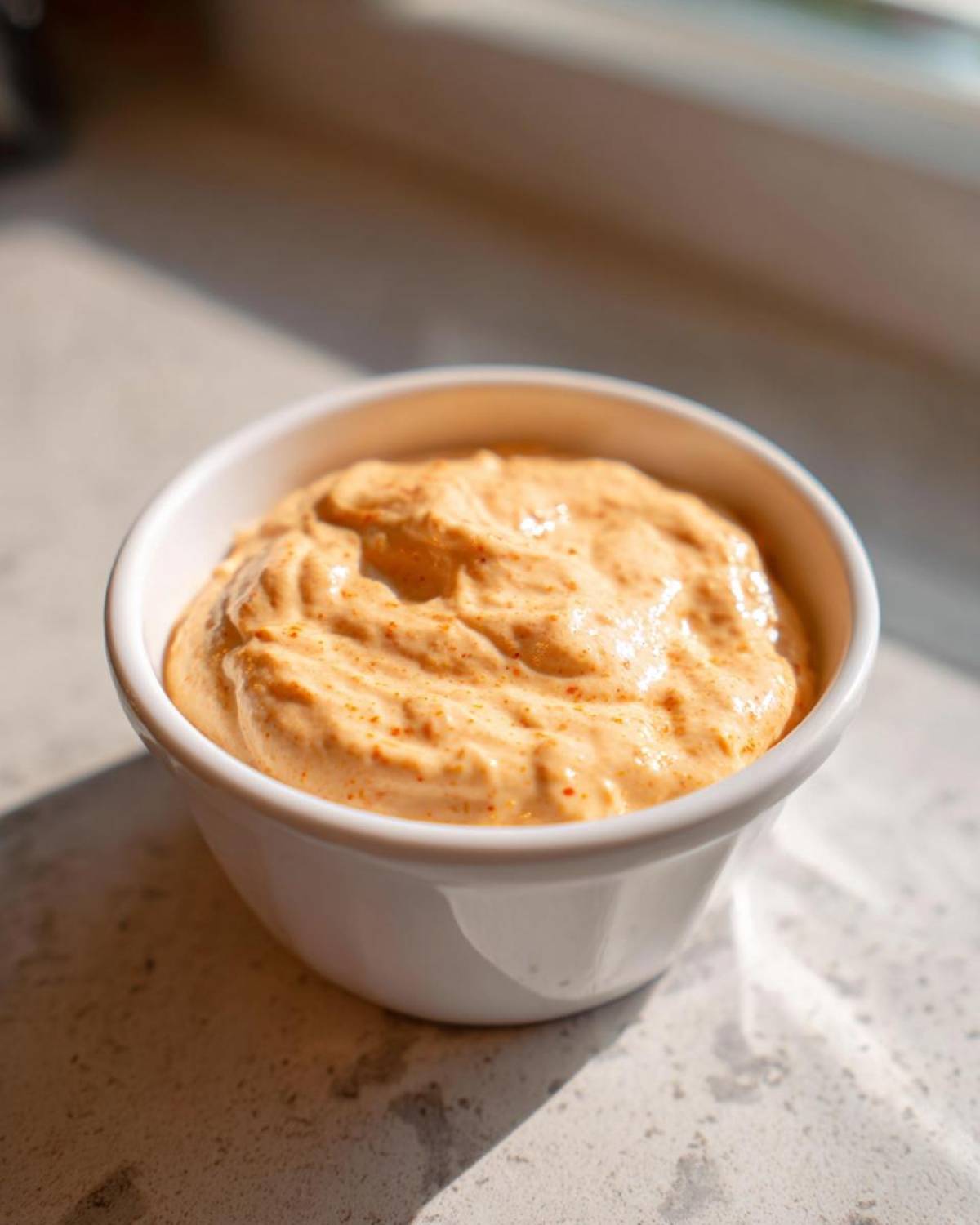 Close-up of creamy, orange-hued Copycat Classic Burger Spread Sauce in a small white bowl.