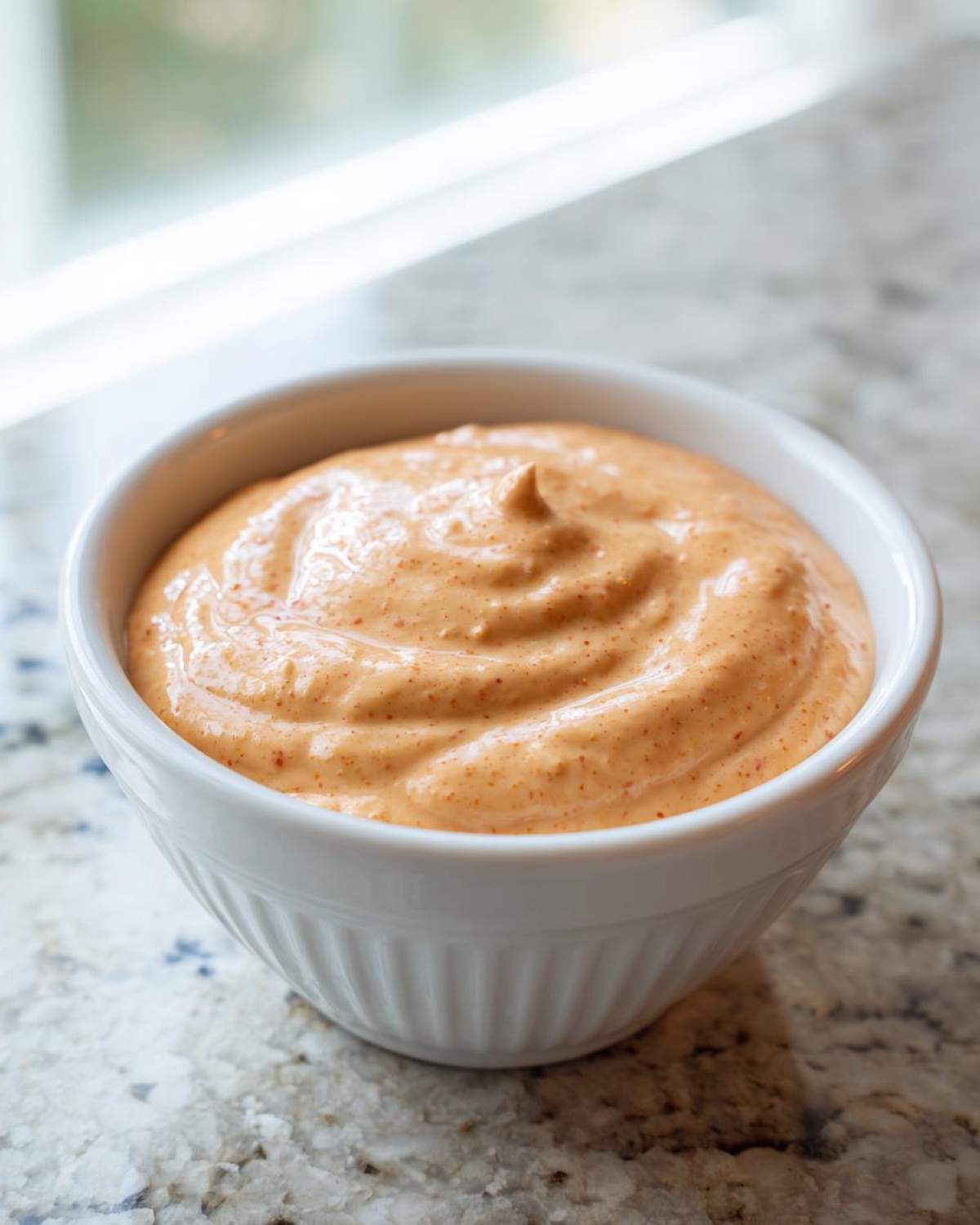 A small white bowl filled with creamy, orange-hued Copycat Classic Burger Spread Sauce, showing spices speckled throughout.