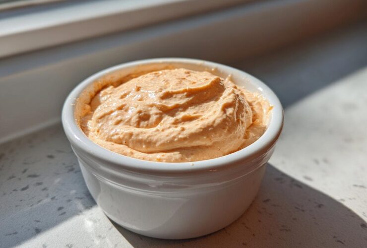 A creamy, orange-hued Copycat Classic Burger Spread Sauce mounded in a small white ramekin.